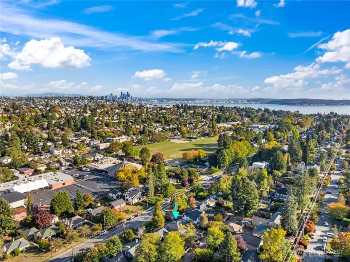 A view of downtown Seattle and Elliott Bay in the distance