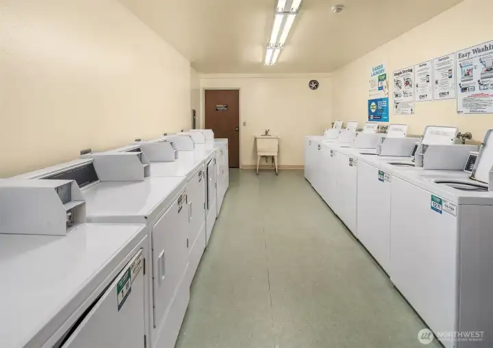 Take elevator to coin-op laundry and assigned storage locker