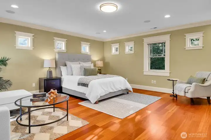 The spacious east bedroom in the upper level can also serve as a multipurpose room or bonus room