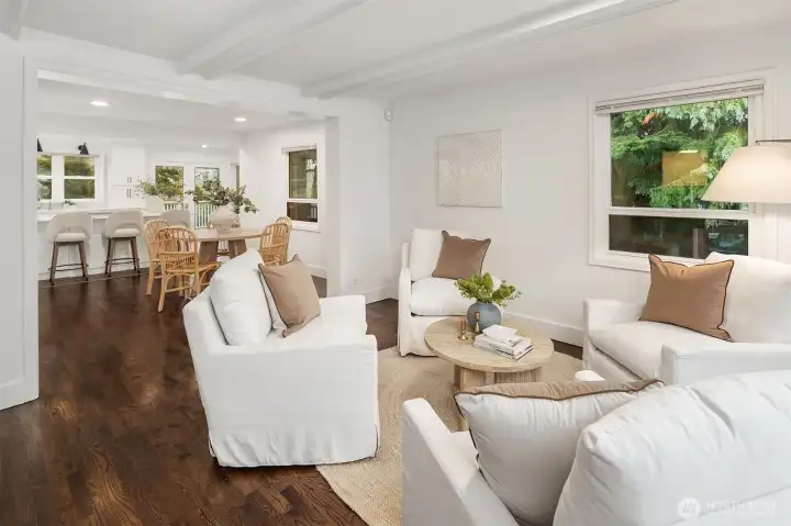 Looking from the sitting area through the dining room to the kitchen. Wonderful open space.