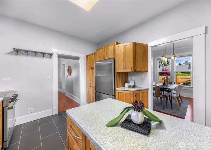 Kitchen with built in pantry and extensive cabinetry
