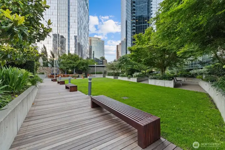 Residents & their pets enjoy this beautiful park with lawn & seating. Beyond is the BBQ terrace. Residents & their pets enjoy this beautiful park with lawn & seating. Beyond is the BBQ terrace.