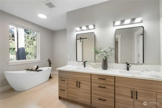 Massive 5 piece bathroom with two sink vanity