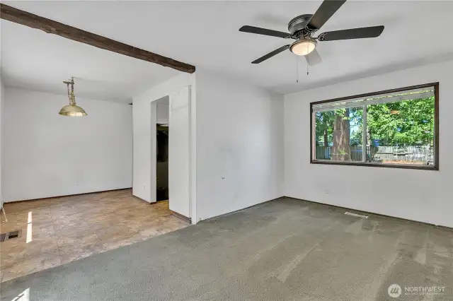 Large family room with ceiling fan