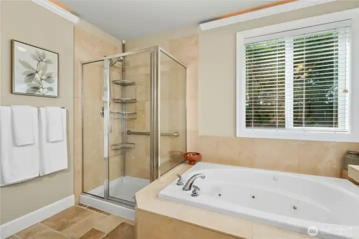Owner Suite full bathroom with travertine tile and deep jetted tub with VIEWS