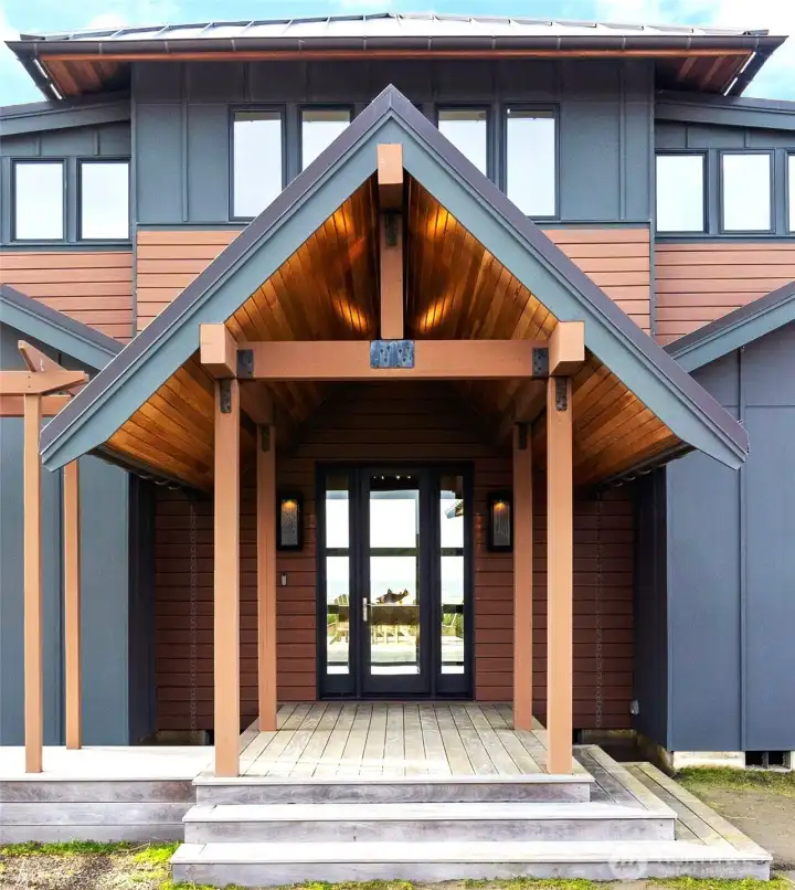 Welcoming entry with clear grain red cedar in all soffits
