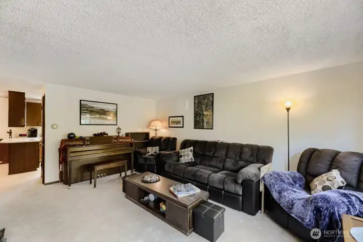 Step into the living room, leading to the kitchen behind it.