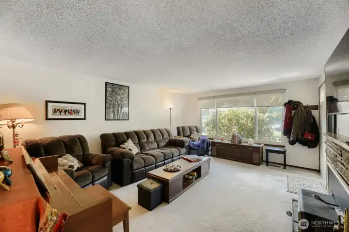 The living room looking out the front from where lots of natural light dances across the room.