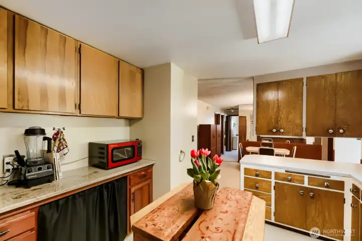 Plenty of storage in the kitchen and nice lead-out to dining area and main living areas.