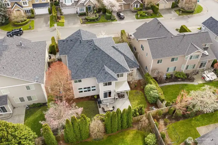 A top down photo of the backyard of this house. A nice private landscaped back lawn and patio area.