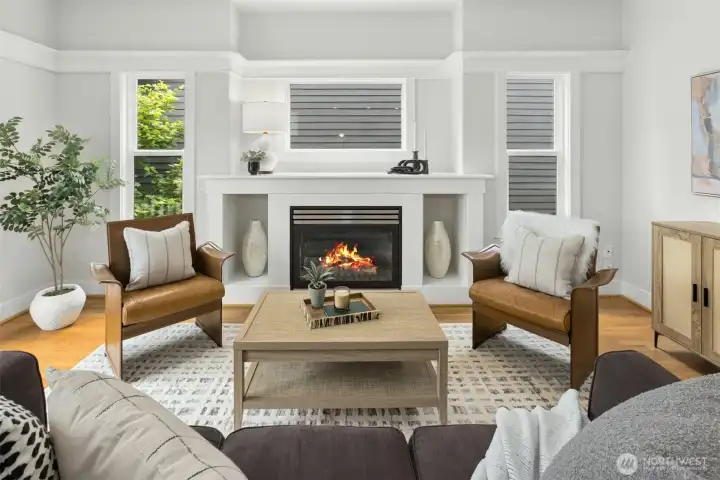 Family room viewed from kitchen, with balcony to left.