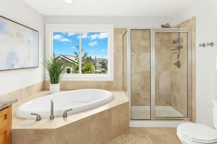 Primary bath, viewed from walk-in closet #1