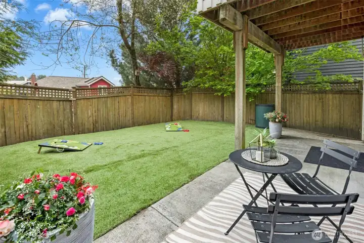 Back yard, never-mow synthetic grass.