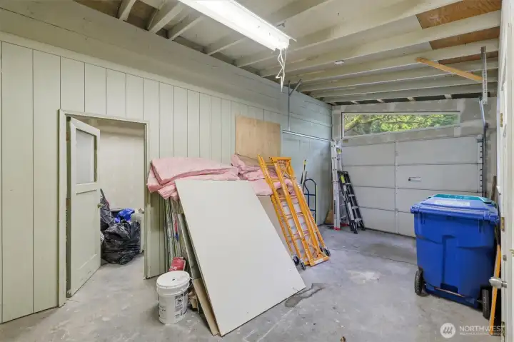 Extra drywall and tile will be left for buyer. Junk in the garage will be removed.