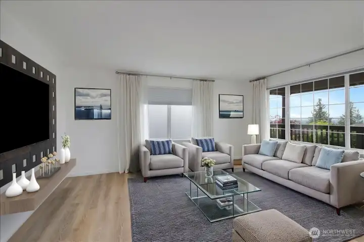 Front living room viewing looking NW to bay, Olympic Mountain and sound