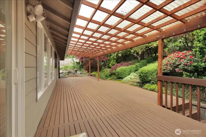 Covered rear deck with TREX decking. Deck lighting in place too.