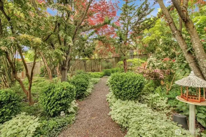 Bird feeders, watering stations, and waterfalls amongst the garden