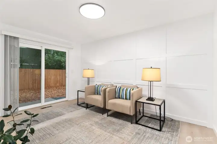Bedroom with sliding door to patio. Bedroom with sliding door to patio.