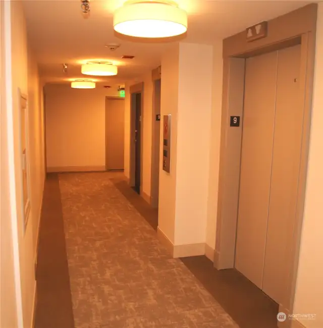 hallway with two elevators