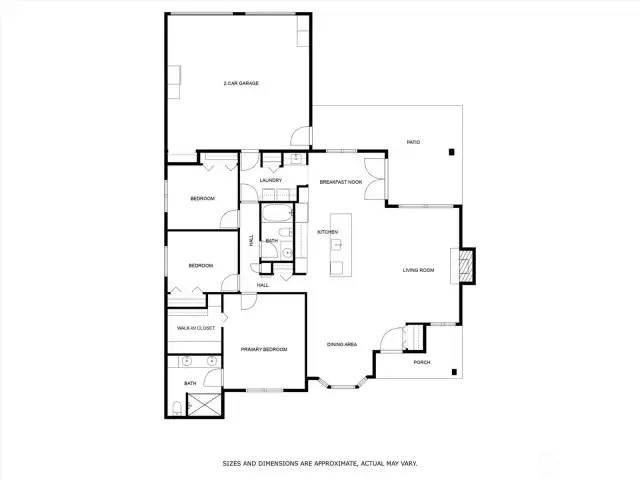 Feel instantly at home with the seamless open floor plan, featuring breakfast nook, sun-drenched living and dining areas, covered patio and porch, primary bedroom with ensuite bath, two spacious bedrooms, laundry area and 2-car garage.