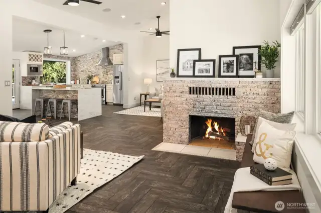 Welcome! Herringbone tile floors in this gorgeous great room