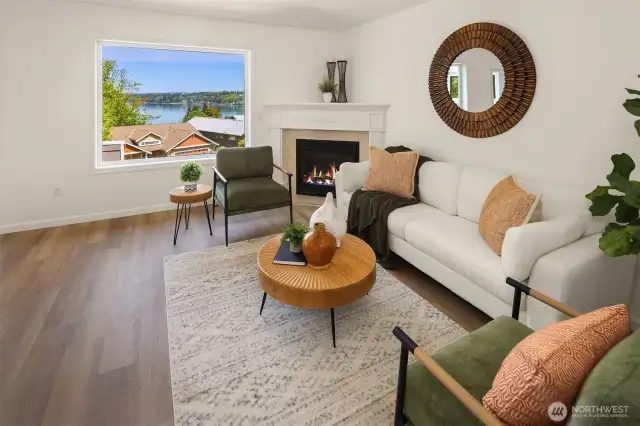 Large sitting area, gas fireplace and soaking in the view
