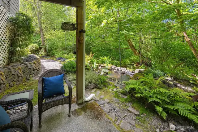 back patio overlooking koi pond