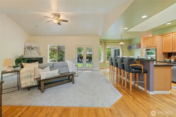 Great room flows in kitchen