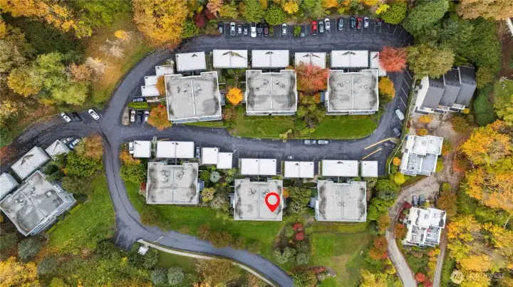 Aerial view of the complex showing ample guest parking spaces.