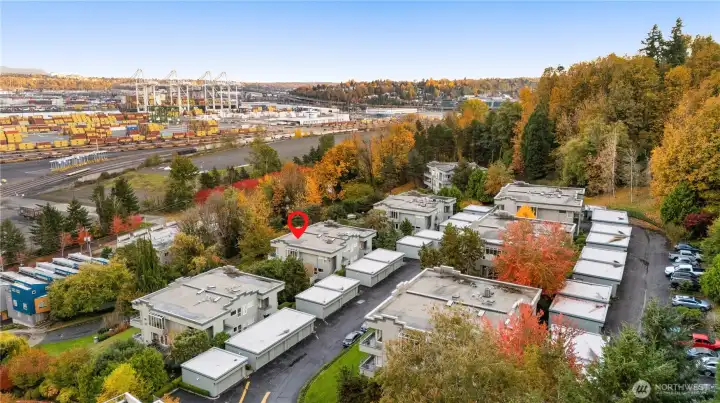 Aerial view looking Southeast. This home is close to the West Seattle upper & lower bridges, highways, transit, bike trails, and also the Water Taxi for convenient commuting!