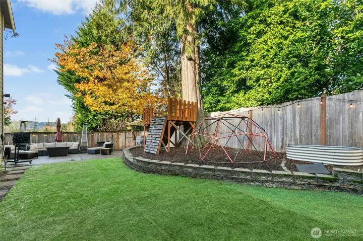 Spacious backyard retreat with turf lawn, play structure, and inviting patio seating — perfect for relaxing or gathering outdoors.