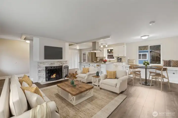 Photo virtually staged - main open-concept living space.