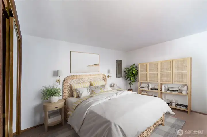 Lower level non conforming bedroom virtually staged.