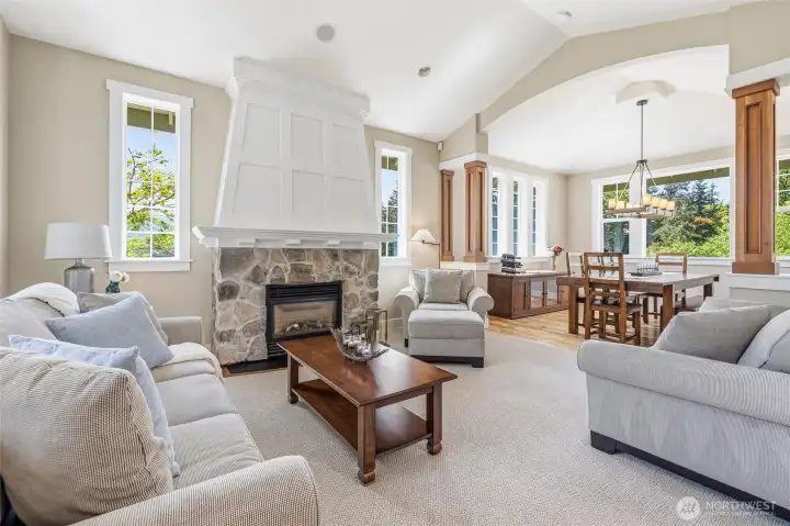 Living Room, stone fireplace, and dining room