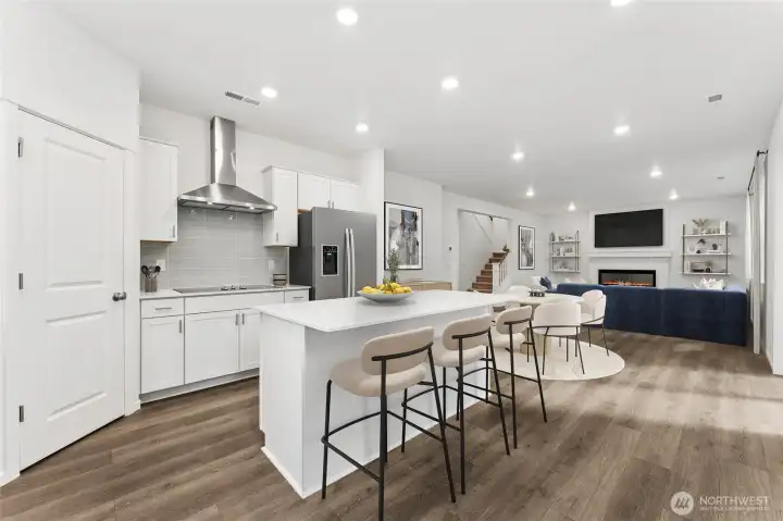 Quartz countertops and high-end finishes. *Home does not feature a gourmet kitchen. Fridge not included. * Virtually staged. Quartz countertops and high-end finishes. *Home does not feature a gourmet kitchen. Fridge not included. * Virtually staged.