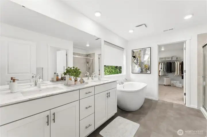 Spa like primary bathroom with luxurious soaking tub. Virtually Staged. Spa like primary bathroom with luxurious soaking tub. Virtually Staged.