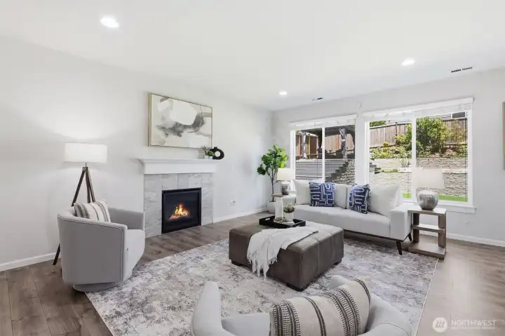 Gas fireplace and lots of natural light