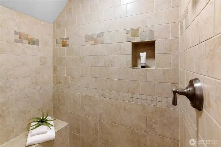 Primary shower is luxurious with new filtering shower head