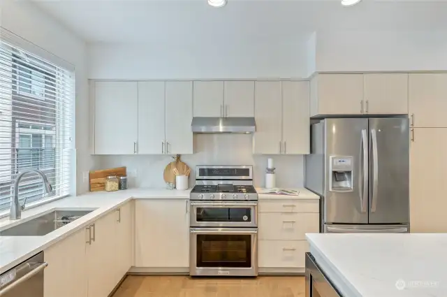 Beautiful gourmet kitchen w/ stainless steel appliances, soft close cabinets, rich quartz countertops & center island.