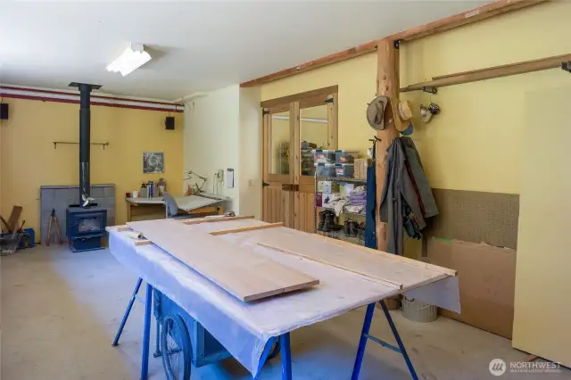 Enclosed and wood heated shop in the Barn.