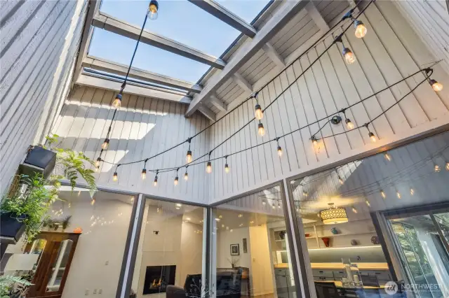 Party lights add warm to open air atrium at night.