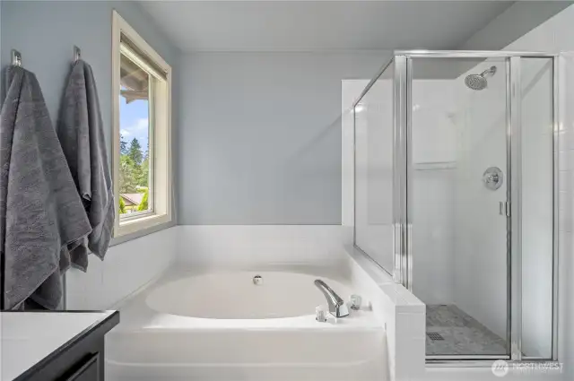 Relax and unwind in the spa-like tub or enjoy the glass-enclosed shower.
