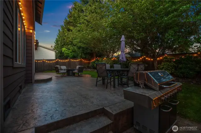 Enjoy twilight dinners or summer BBQs on the custom stamped concrete patio, perfectly framed by cafe lights and mature landscaping.