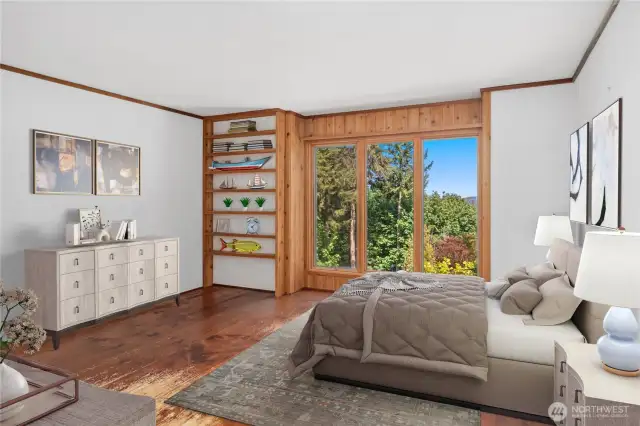 The private, main-level primary ensuite has tall ceilings and lovely views overlooking the gardens. Note the hardwood floors with cut nails need refinishing and a bid is available.