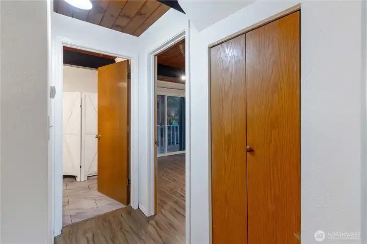 To the right is a closet, then the main floor bedroom and finally the bathroom entrance on the left.