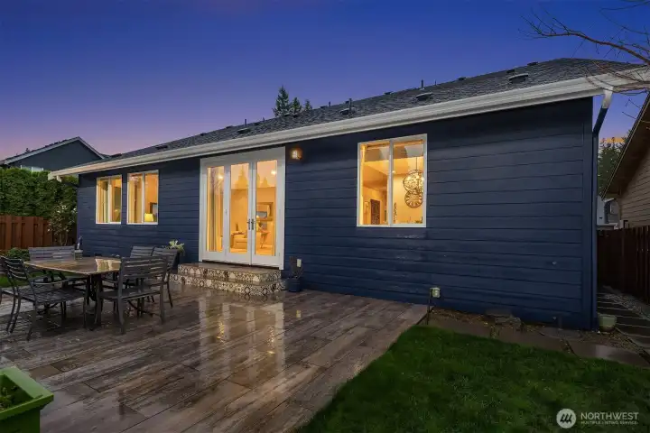 Italian tile patio, professional landscape lighting