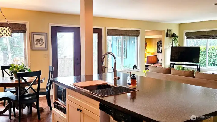 Open, light filled, kitchen with large center island