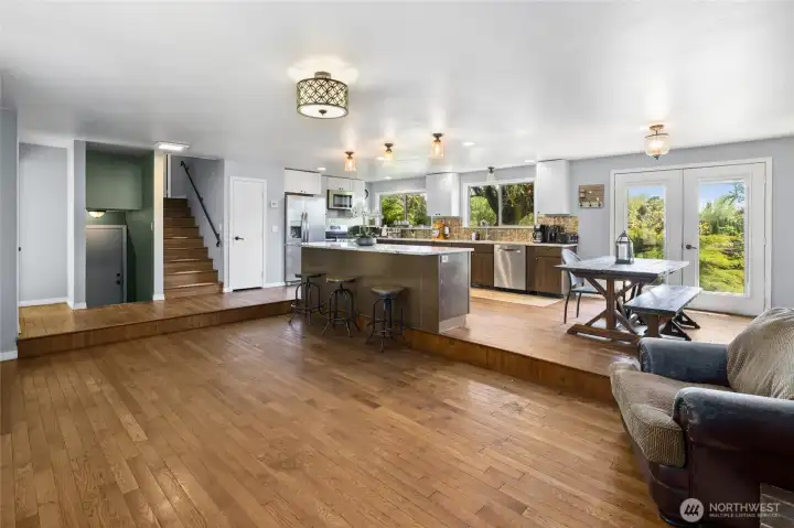 Looking towards the kitchen from the fireplace.