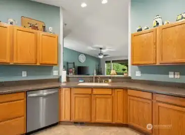 Kitchen sink view to Living Room