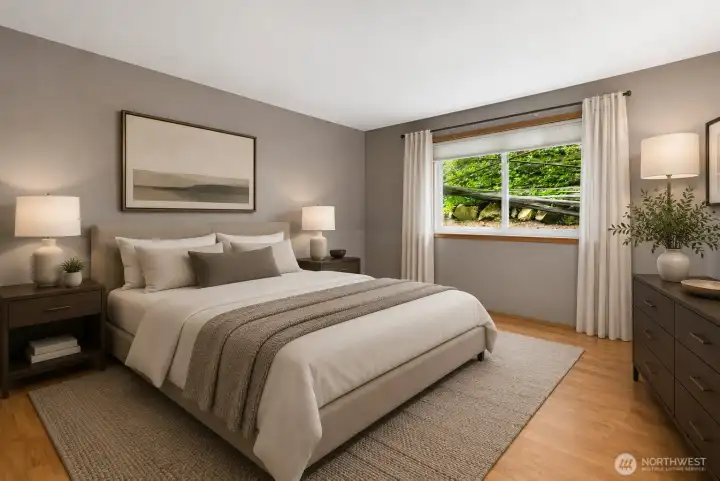 Virtually staged primary bedroom.